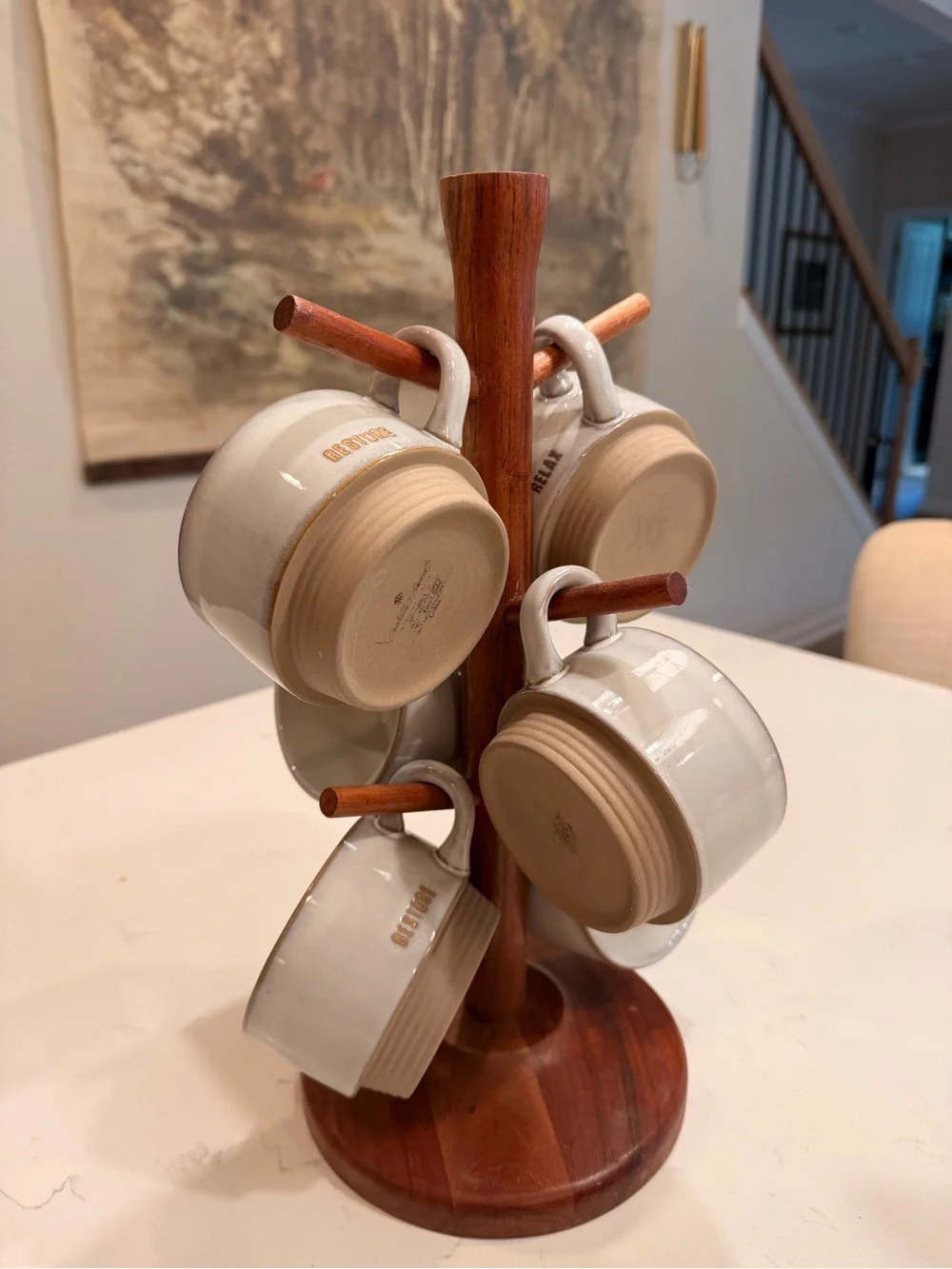 Hearth & Hand Cream Stoneware Mug Set with Wooden Tree